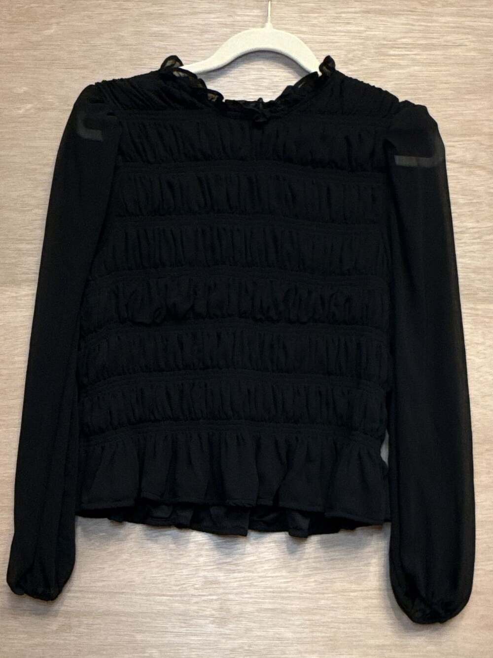 Marc New York Andrew Marc Black Smocked Long Sleeve Ruffle Blouse